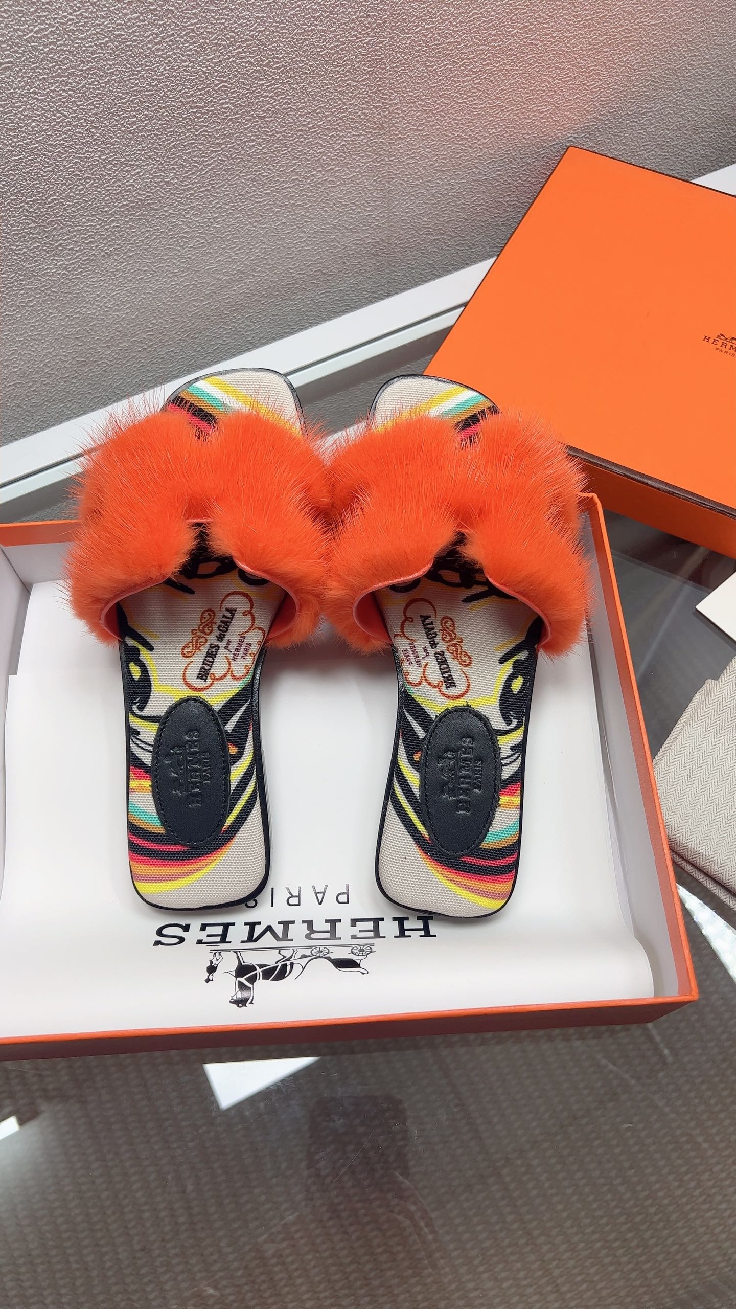 Hermes H-Style Flat Open-Toe Sandals Orange in Mink Fur 739515