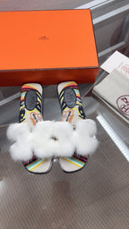 Hermes H-Style Flat Open-Toe Sandals White in Mink Fur 739514