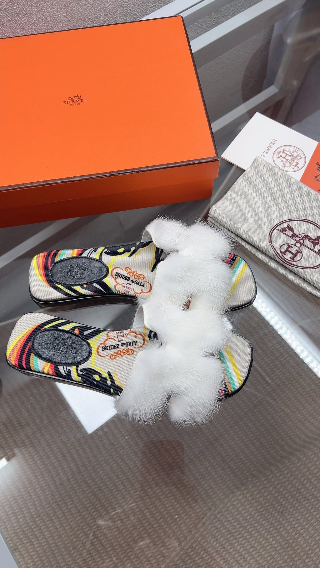 Hermes H-Style Flat Open-Toe Sandals White in Mink Fur 739514