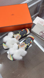 Hermes H-Style Flat Open-Toe Sandals White in Mink Fur 739514