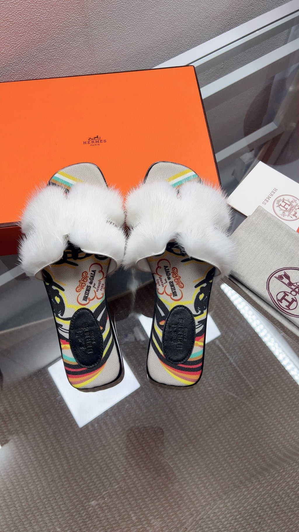Hermes H-Style Flat Open-Toe Sandals White in Mink Fur 739514