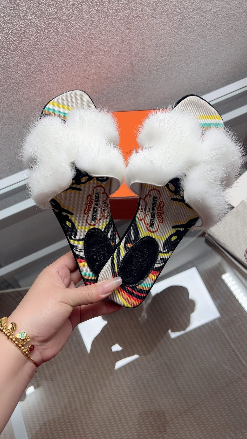 Hermes H-Style Flat Open-Toe Sandals White in Mink Fur 739514