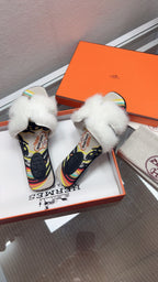Hermes H-Style Flat Open-Toe Sandals White in Mink Fur 739514