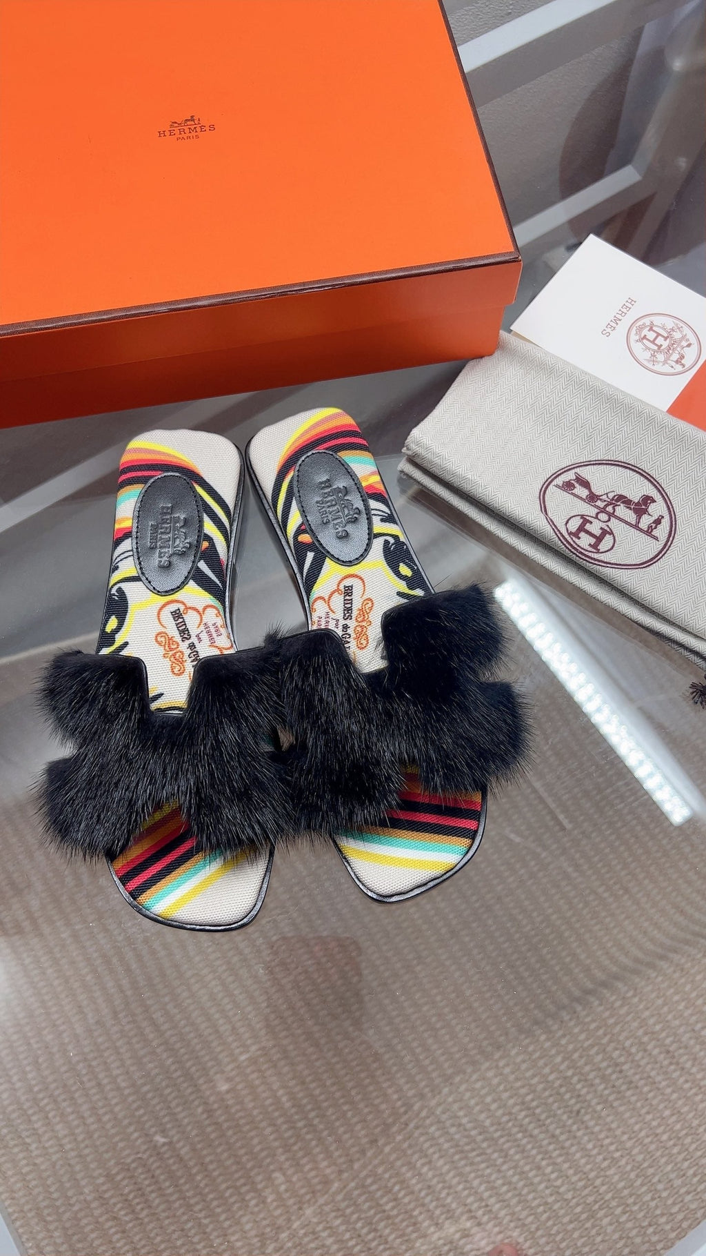 Hermes H-Style Flat Open-Toe Sandals Black in Mink Fur 739513