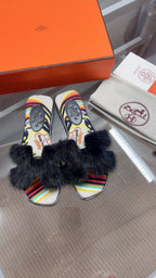 Hermes H-Style Flat Open-Toe Sandals Black in Mink Fur 739513