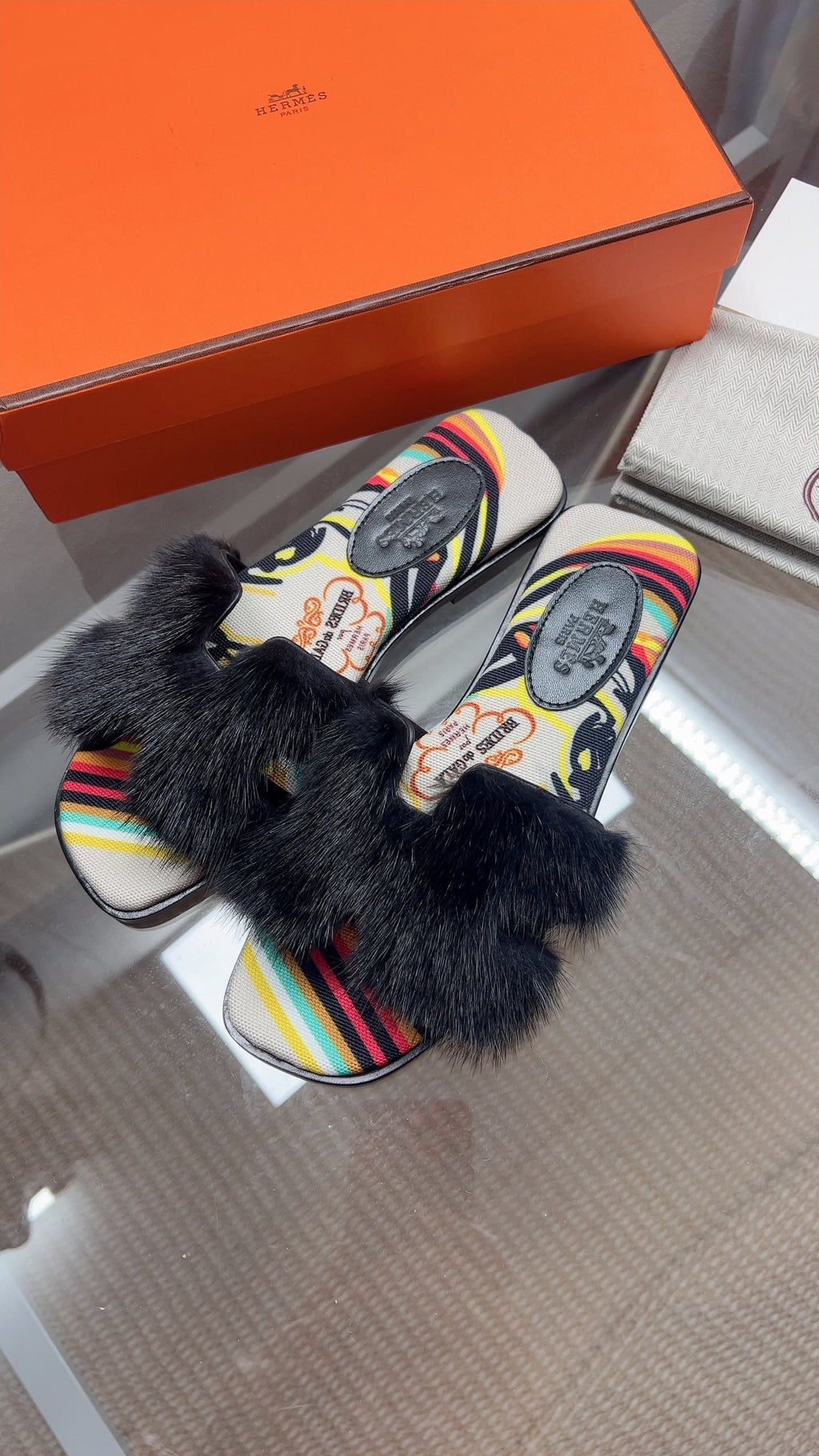 Hermes H-Style Flat Open-Toe Sandals Black in Mink Fur 739513