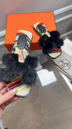 Hermes H-Style Flat Open-Toe Sandals Black in Mink Fur 739513