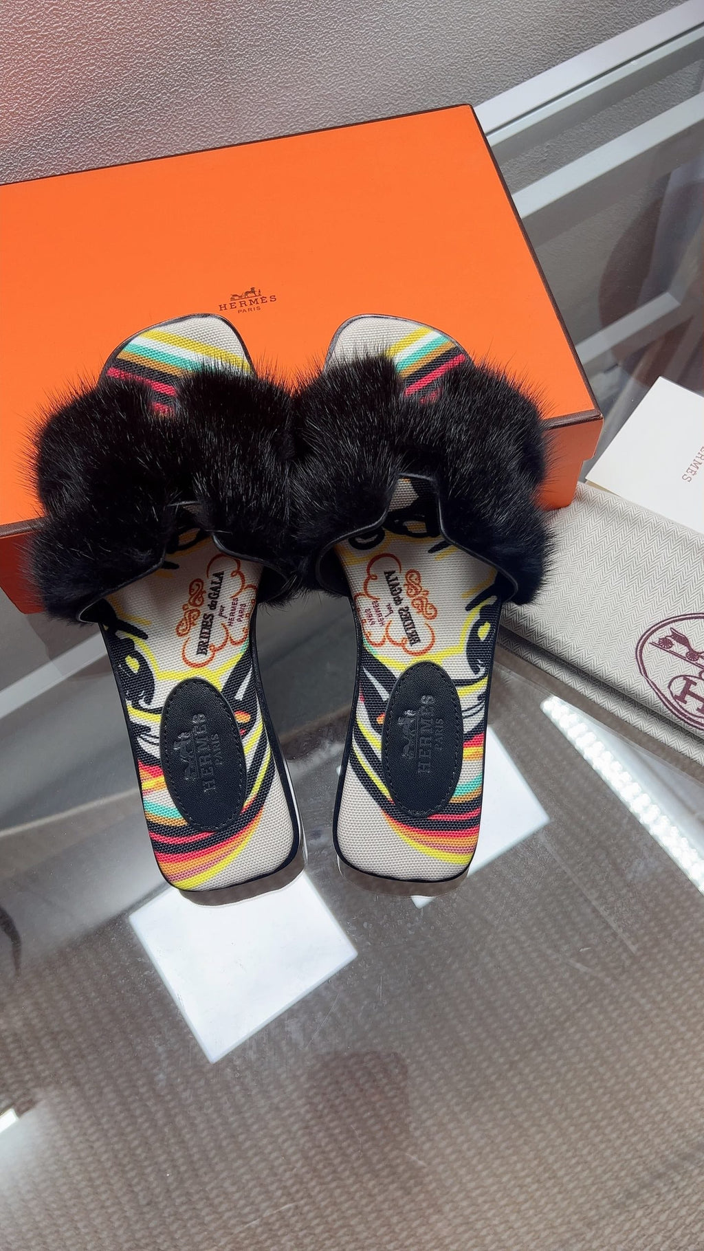 Hermes H-Style Flat Open-Toe Sandals Black in Mink Fur 739513