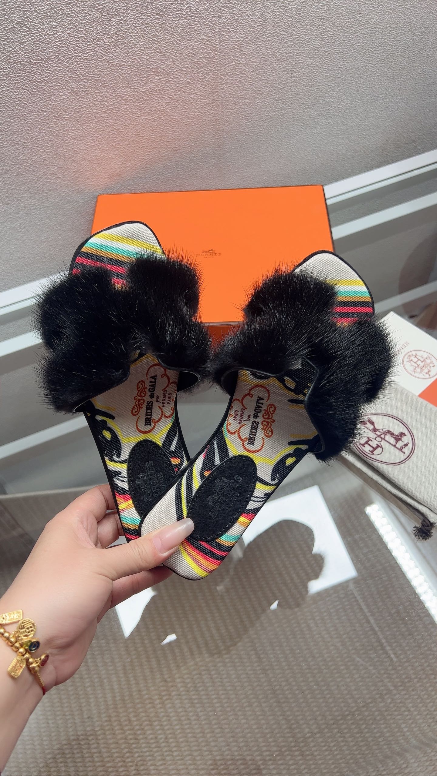 Hermes H-Style Flat Open-Toe Sandals Black in Mink Fur 739513