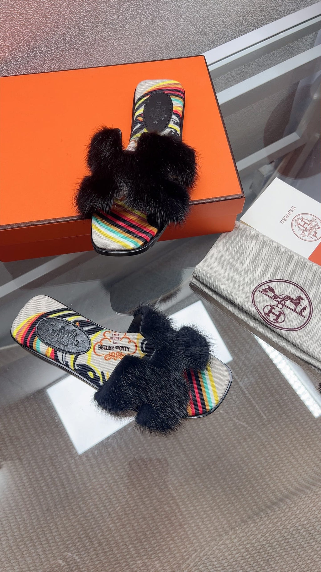 Hermes H-Style Flat Open-Toe Sandals Black in Mink Fur 739513
