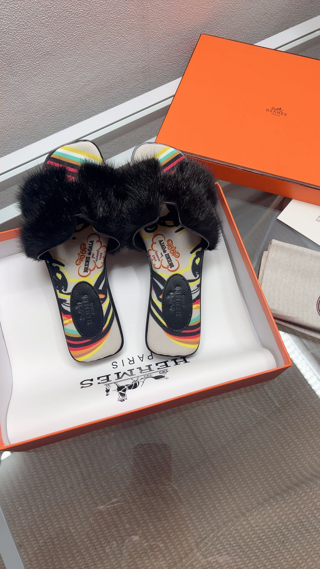 Hermes H-Style Flat Open-Toe Sandals Black in Mink Fur 739513
