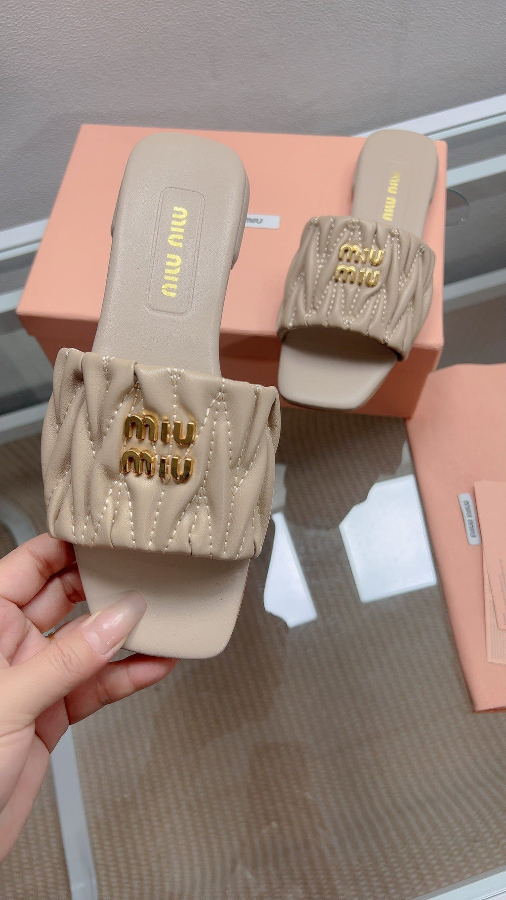 Miu Sandal Sand Beige Matelassé Leather 739551
