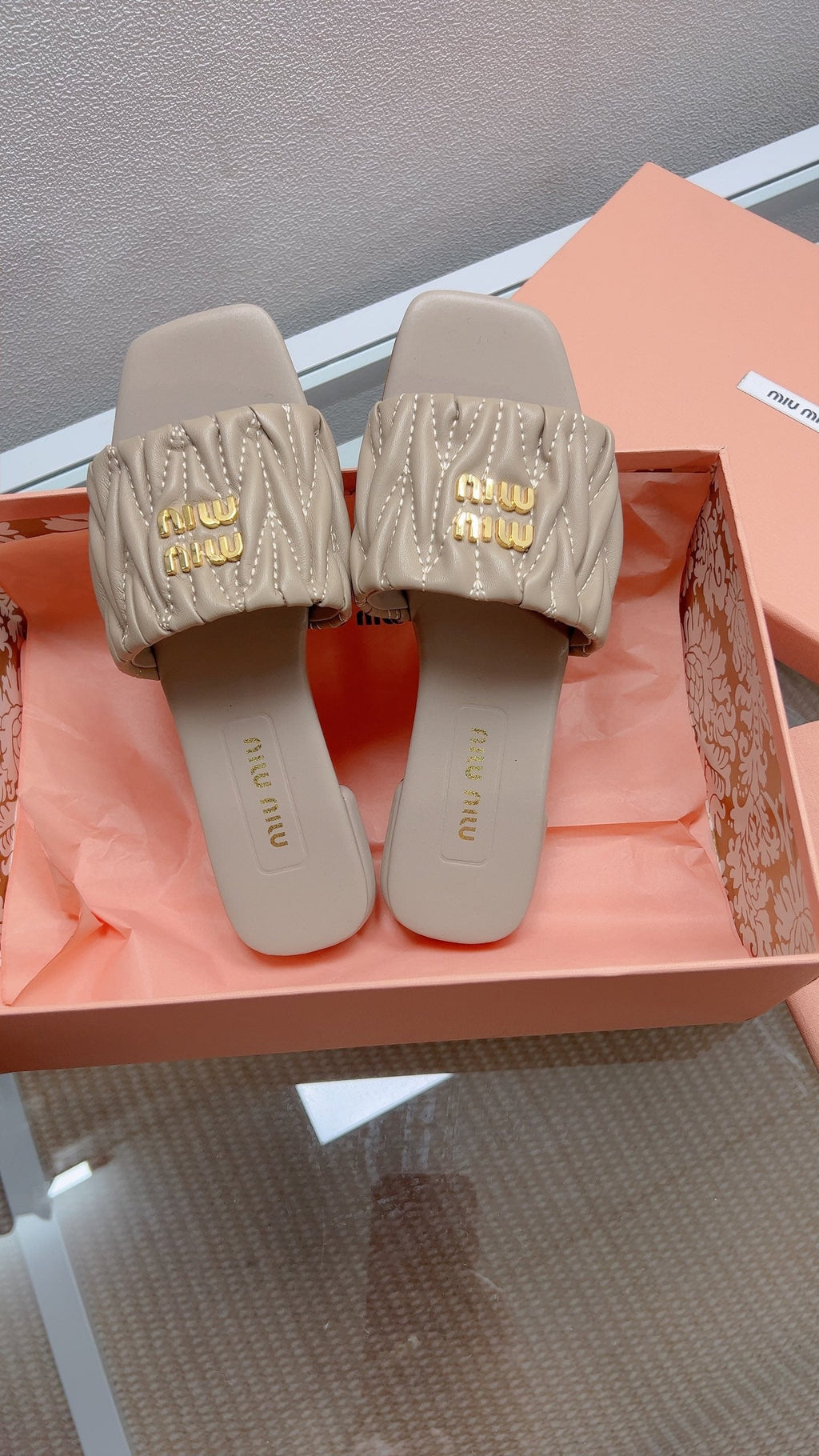 Miu Sandal Sand Beige Matelassé Leather 739551