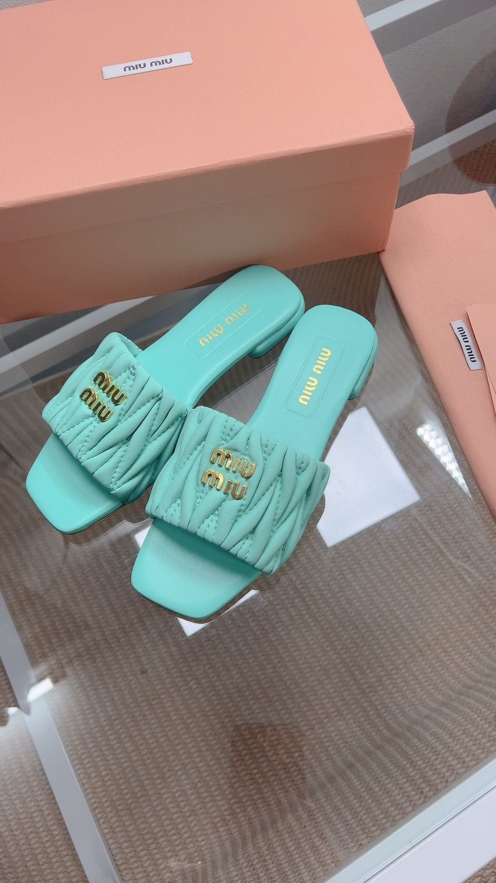 Miu Sandal Turquoise Matelassé Leather 739553
