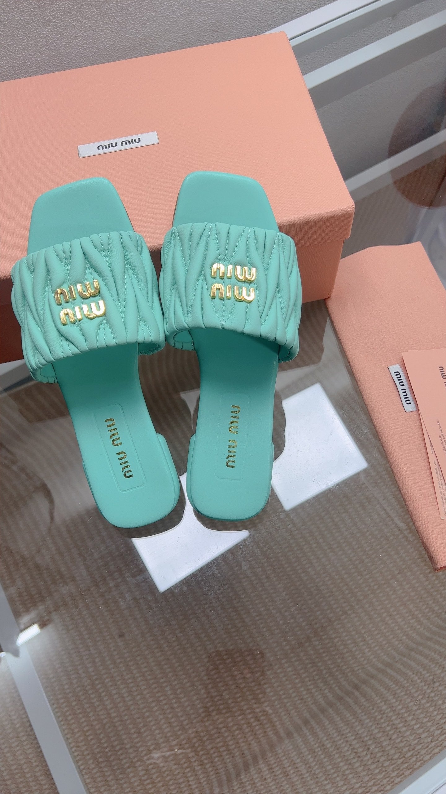 Miu Sandal Turquoise Matelassé Leather 739553