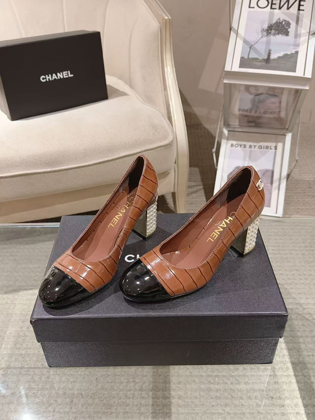 Chanel 26 Pumps Pearl Heel 80mm Brown in Calfskin 739576