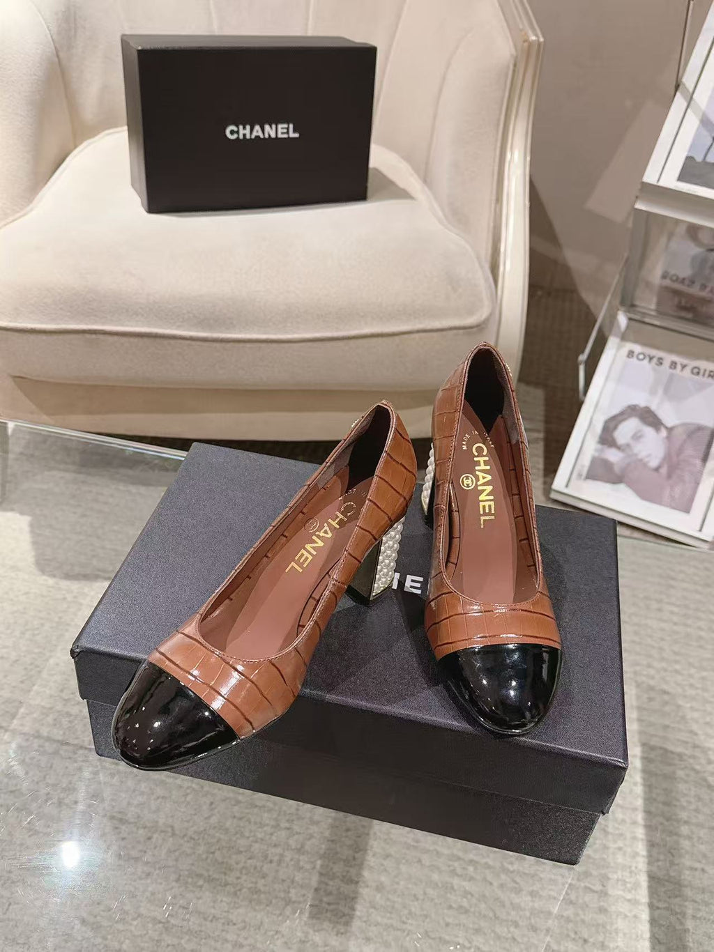 Chanel 26 Pumps Pearl Heel 80mm Brown in Calfskin 739576