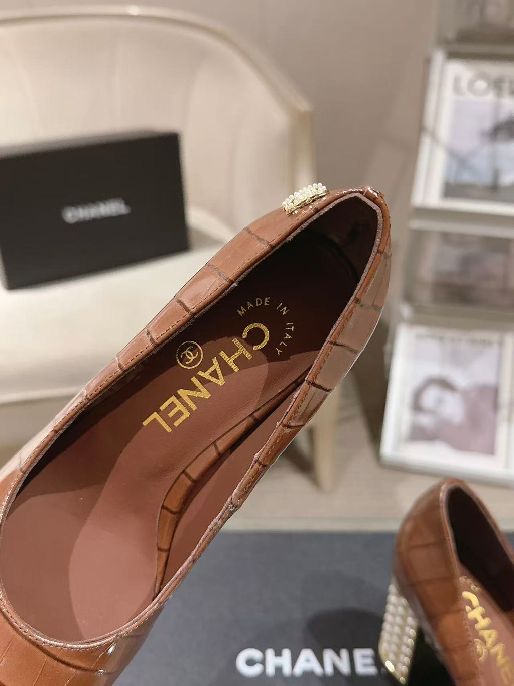 Chanel 26 Pumps Pearl Heel 80mm Brown in Calfskin 739576