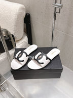 Chanel Double C Flat Slip-on Sandals White in Lambskin 740708