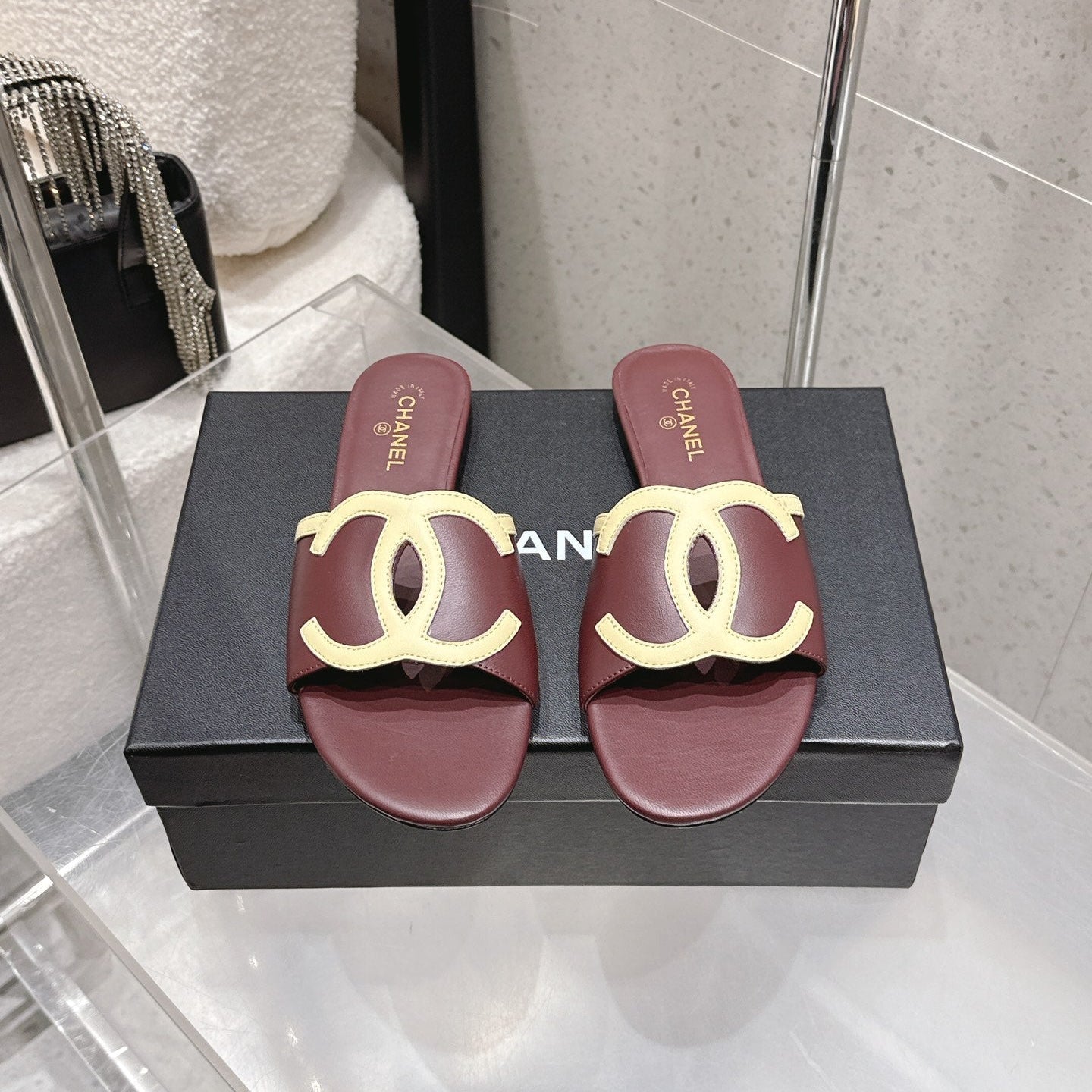 Chanel Double C Flat Slip-on Sandals Burgundy in Lambskin 740707