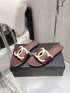 Chanel Double C Flat Slip-on Sandals Burgundy in Lambskin 740707