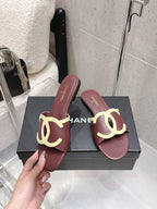 Chanel Double C Flat Slip-on Sandals Burgundy in Lambskin 740707