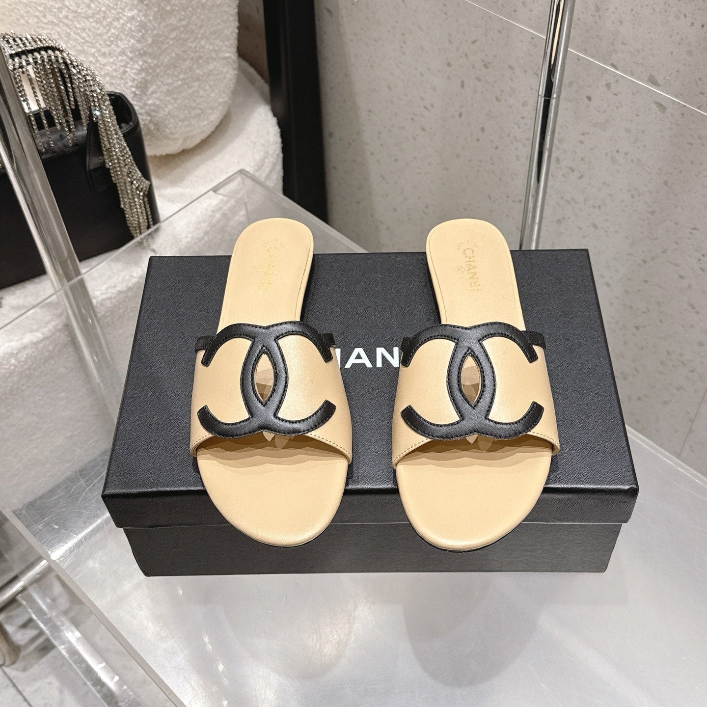 Chanel Double C Flat Slip-on Sandals Beige in Lambskin 740706