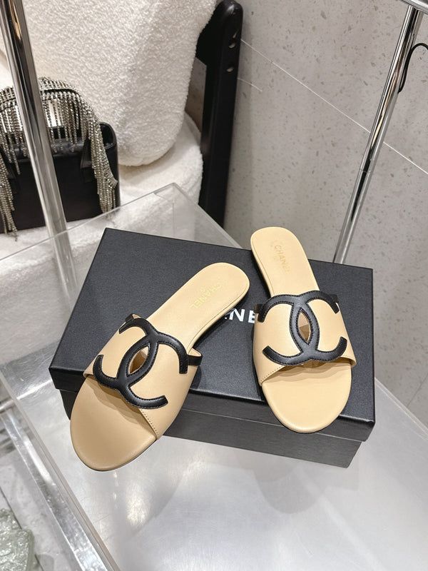 Chanel Double C Flat Slip-on Sandals Beige in Lambskin 740706