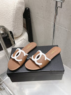 Chanel Double C Flat Slip-on Sandals Brown in Lambskin 740705