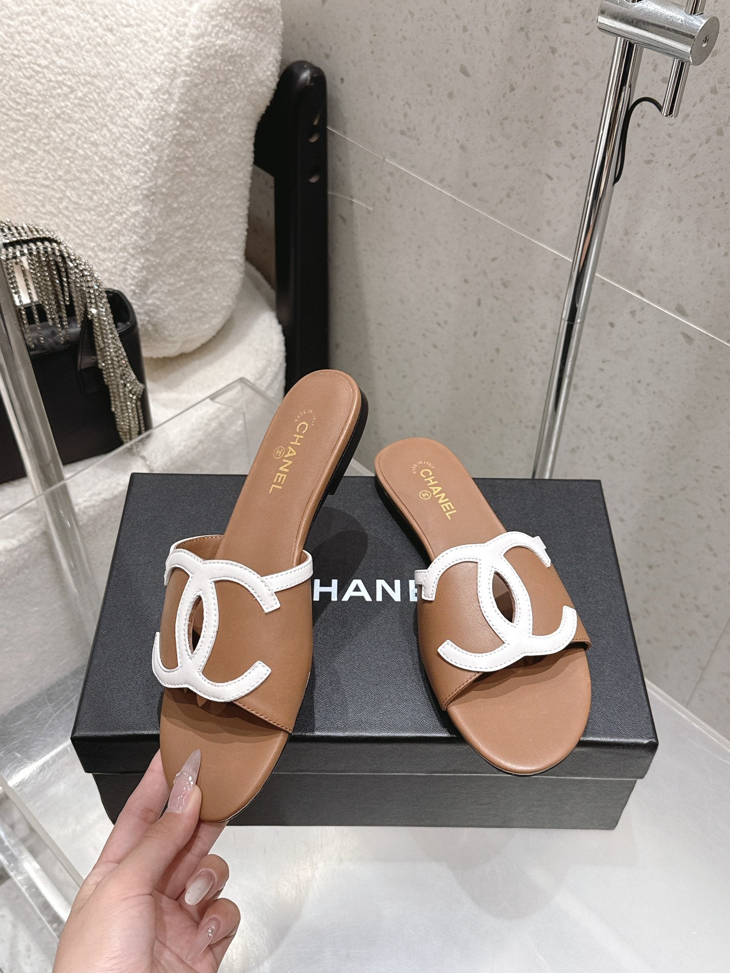 Chanel Double C Flat Slip-on Sandals Brown in Lambskin 740705