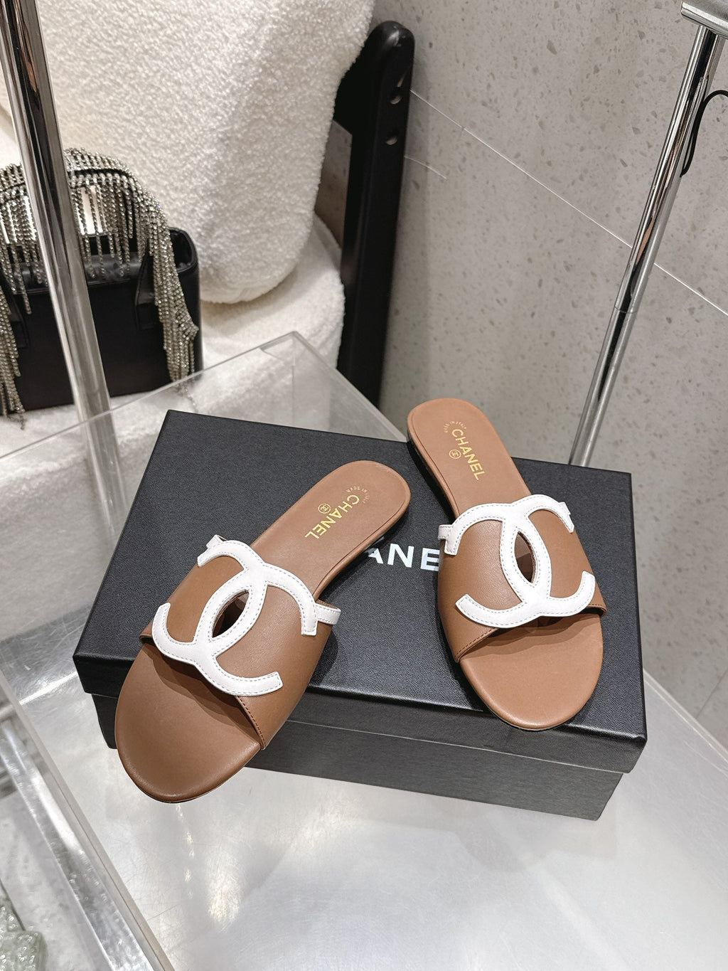 Chanel Double C Flat Slip-on Sandals Brown in Lambskin 740705