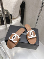 Chanel Double C Flat Slip-on Sandals Brown in Lambskin 740705