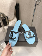 Chanel Double C Flat Slip-on Sandals Blue in Lambskin 740704