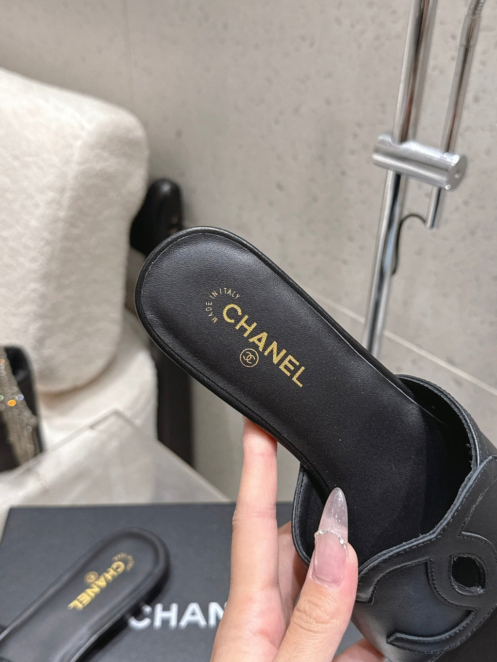 Chanel Double C Flat Slip-on Sandals Black in Lambskin 740703