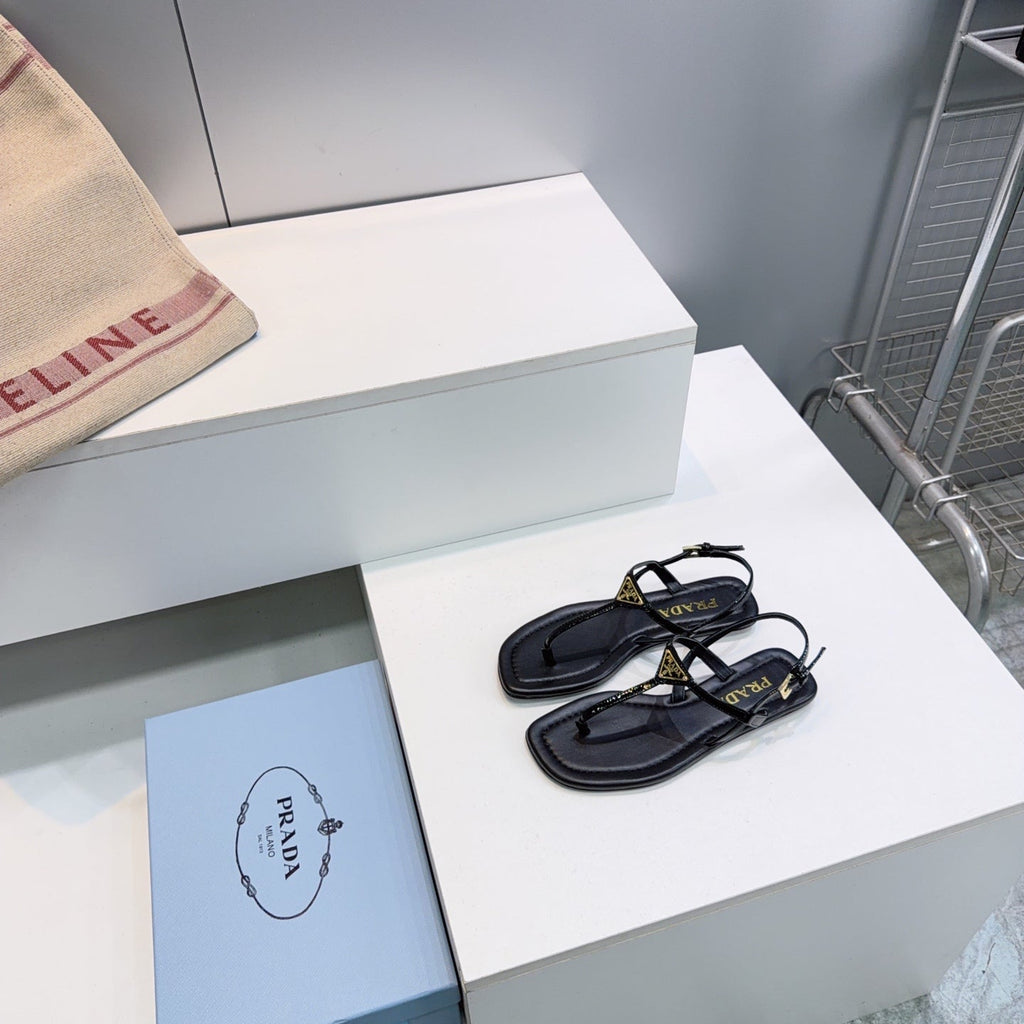 Prada Triangle Logo Sandal Black in Calfskin Patent Leather 741971