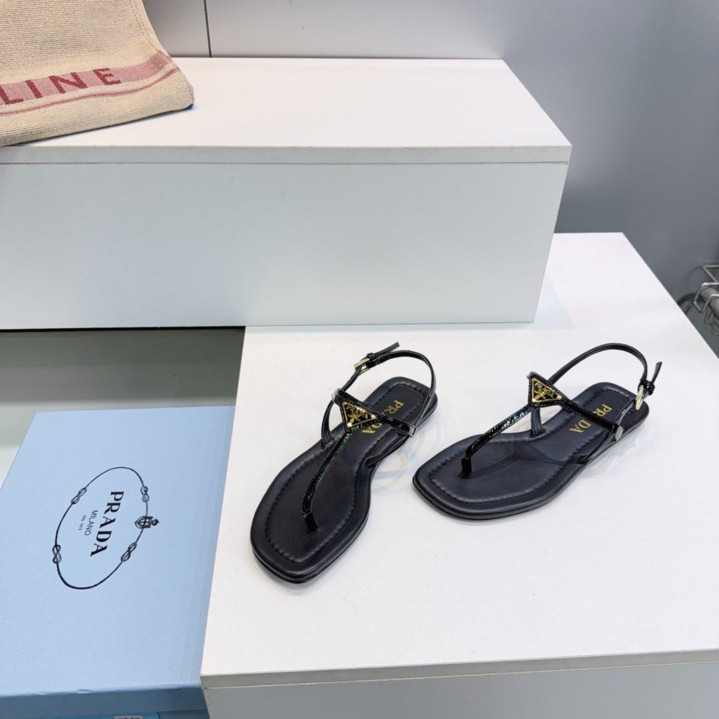 Prada Triangle Logo Sandal Black in Calfskin Patent Leather 741971