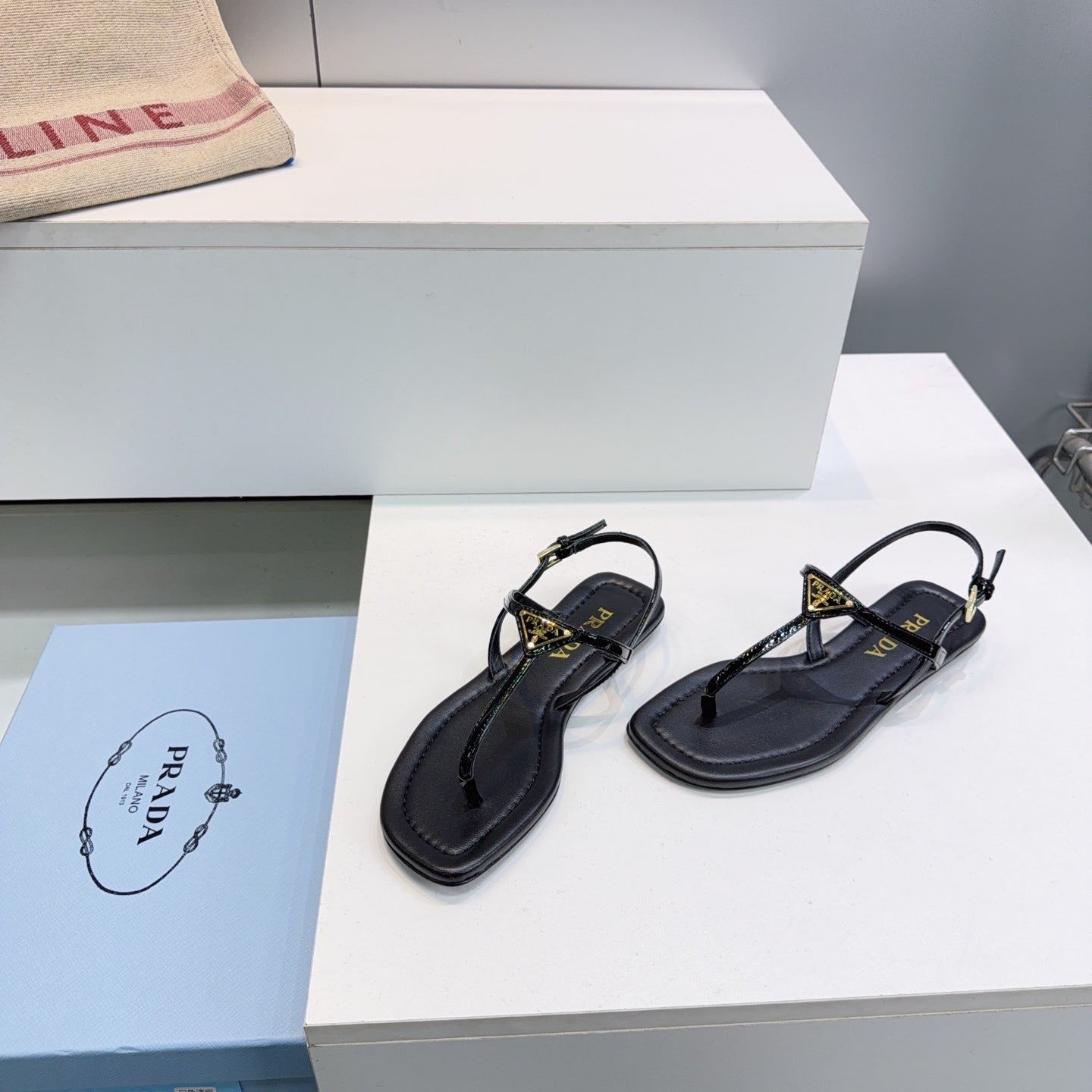 Prada Triangle Logo Sandal Black in Calfskin Patent Leather 741971