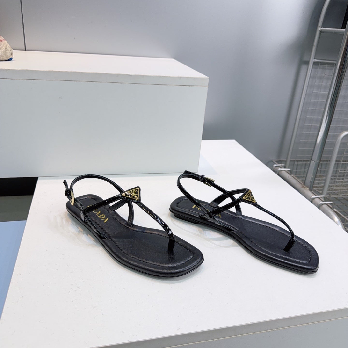 Prada Triangle Logo Sandal Black in Calfskin Patent Leather 741971