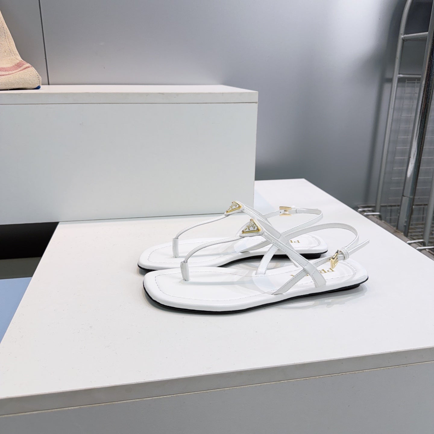 Prada Triangle Logo Sandal White in Calfskin Patent Leather 741973