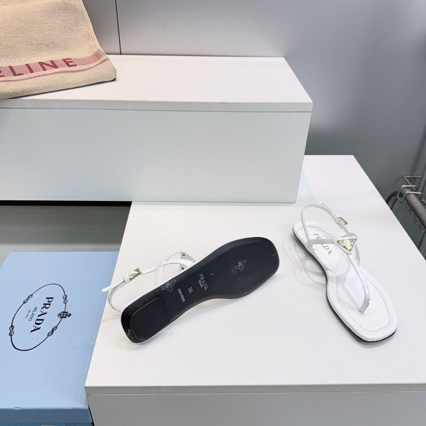 Prada Triangle Logo Sandal White in Calfskin Patent Leather 741973
