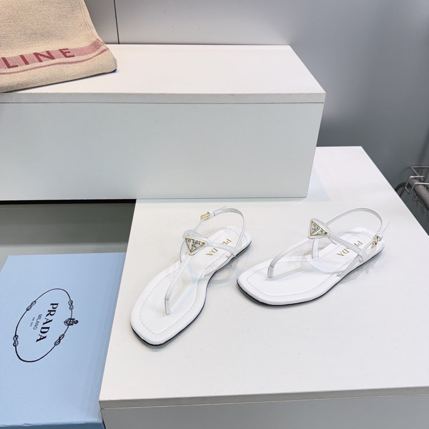Prada Triangle Logo Sandal White in Calfskin Patent Leather 741973