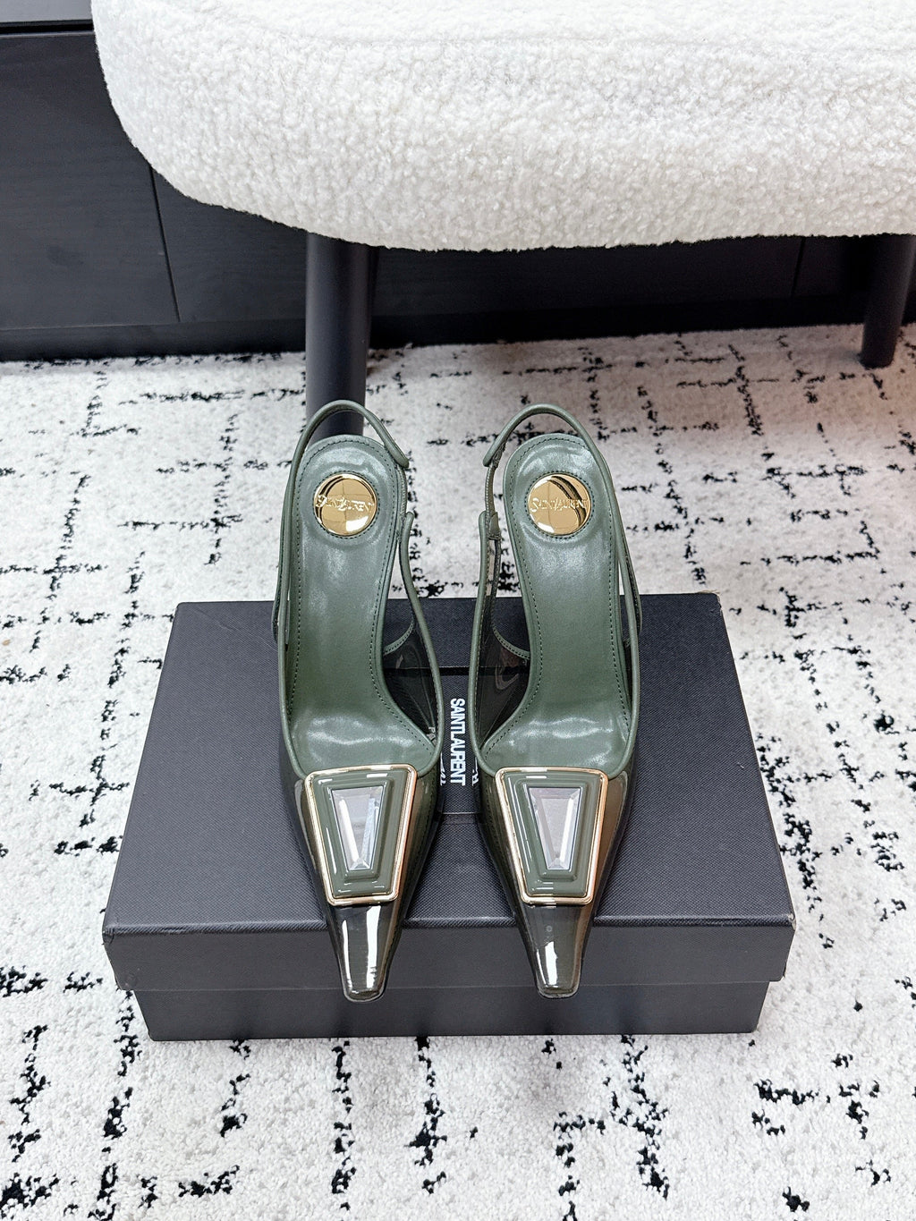 YSL Slingback High-Heeled 10.5 Dark Green in PVC Film 743651