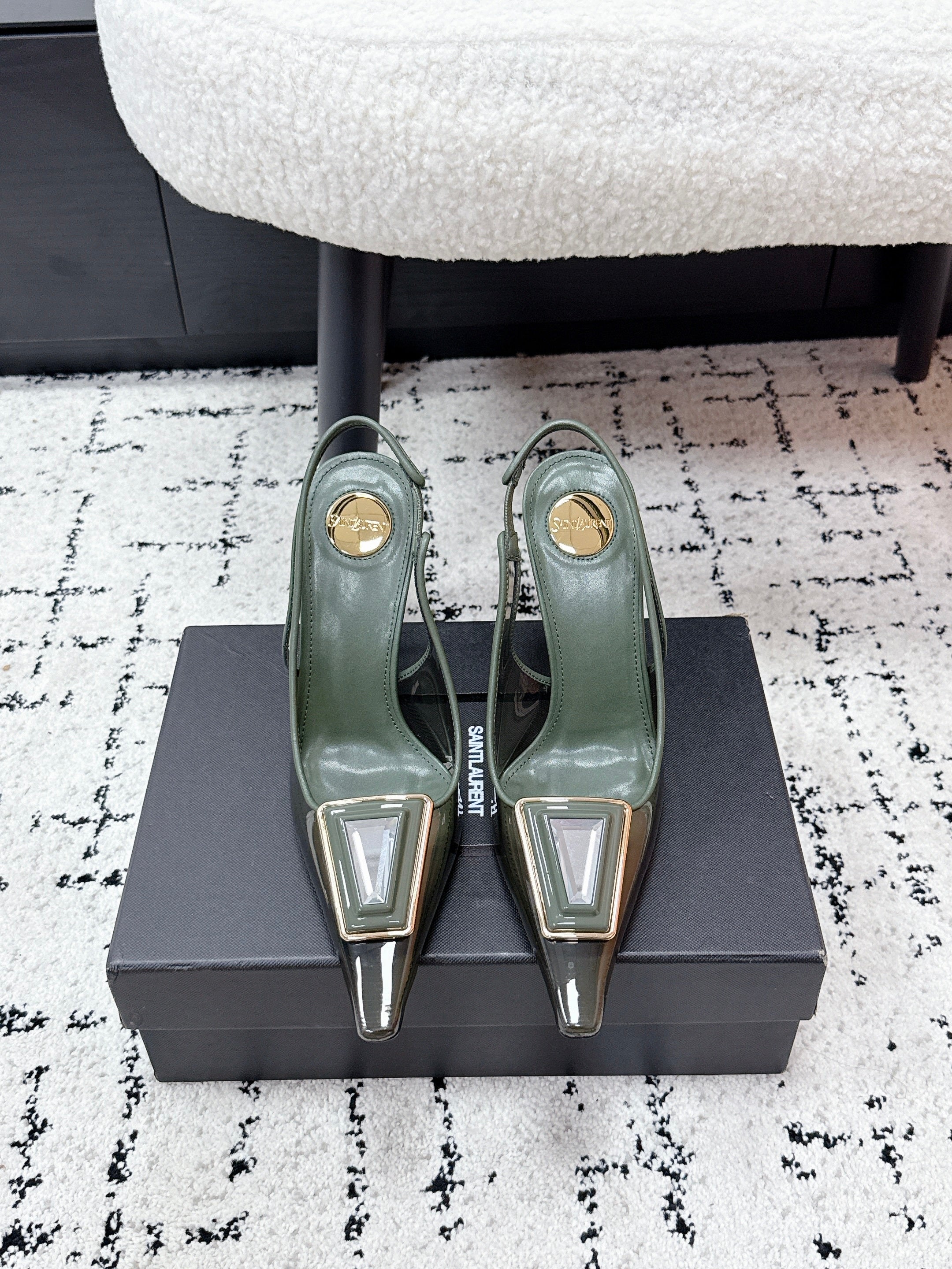 YSL Slingback High-Heeled 10.5 Dark Green in PVC Film 743651