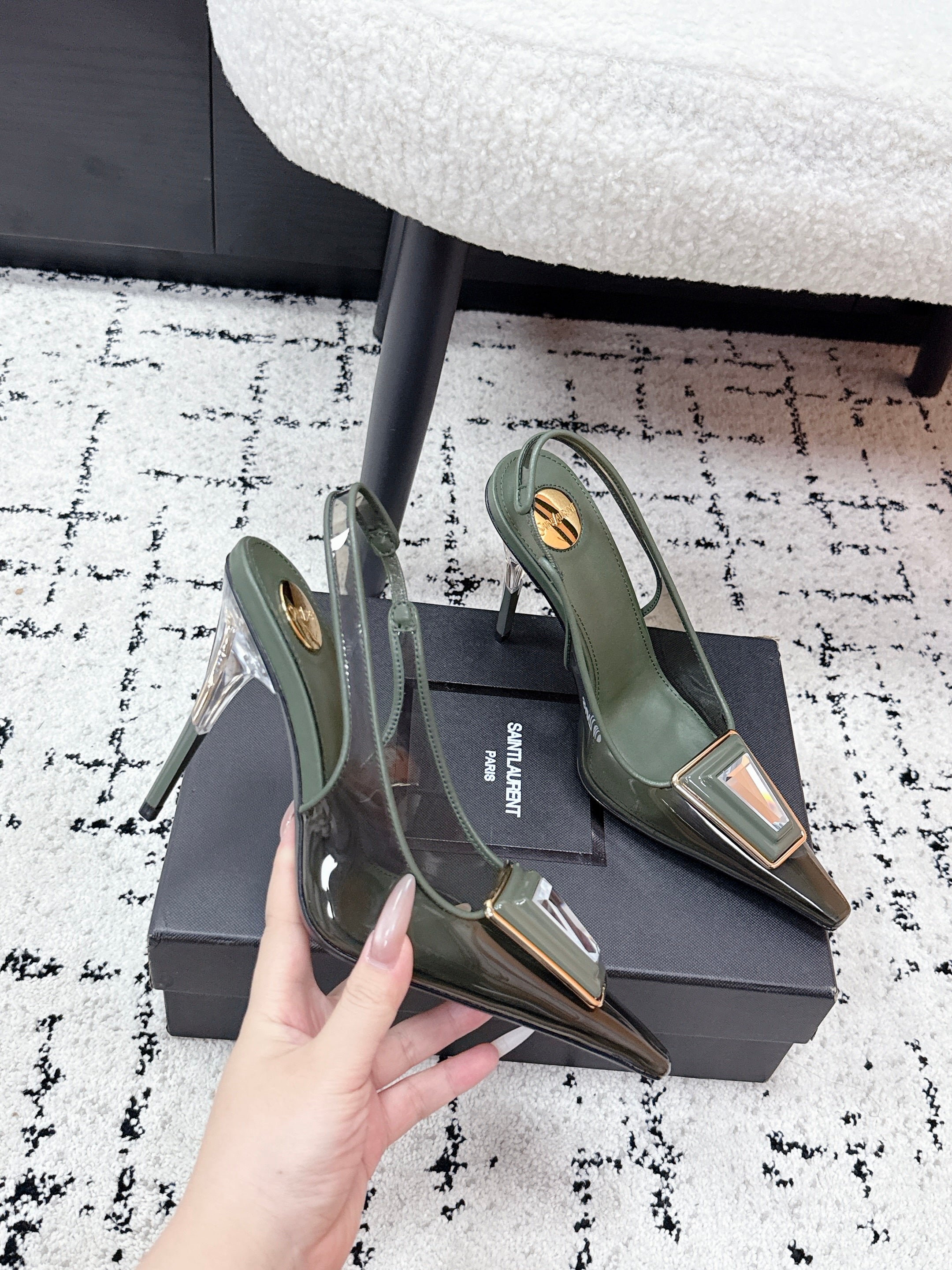 YSL Slingback High-Heeled 10.5 Dark Green in PVC Film 743651