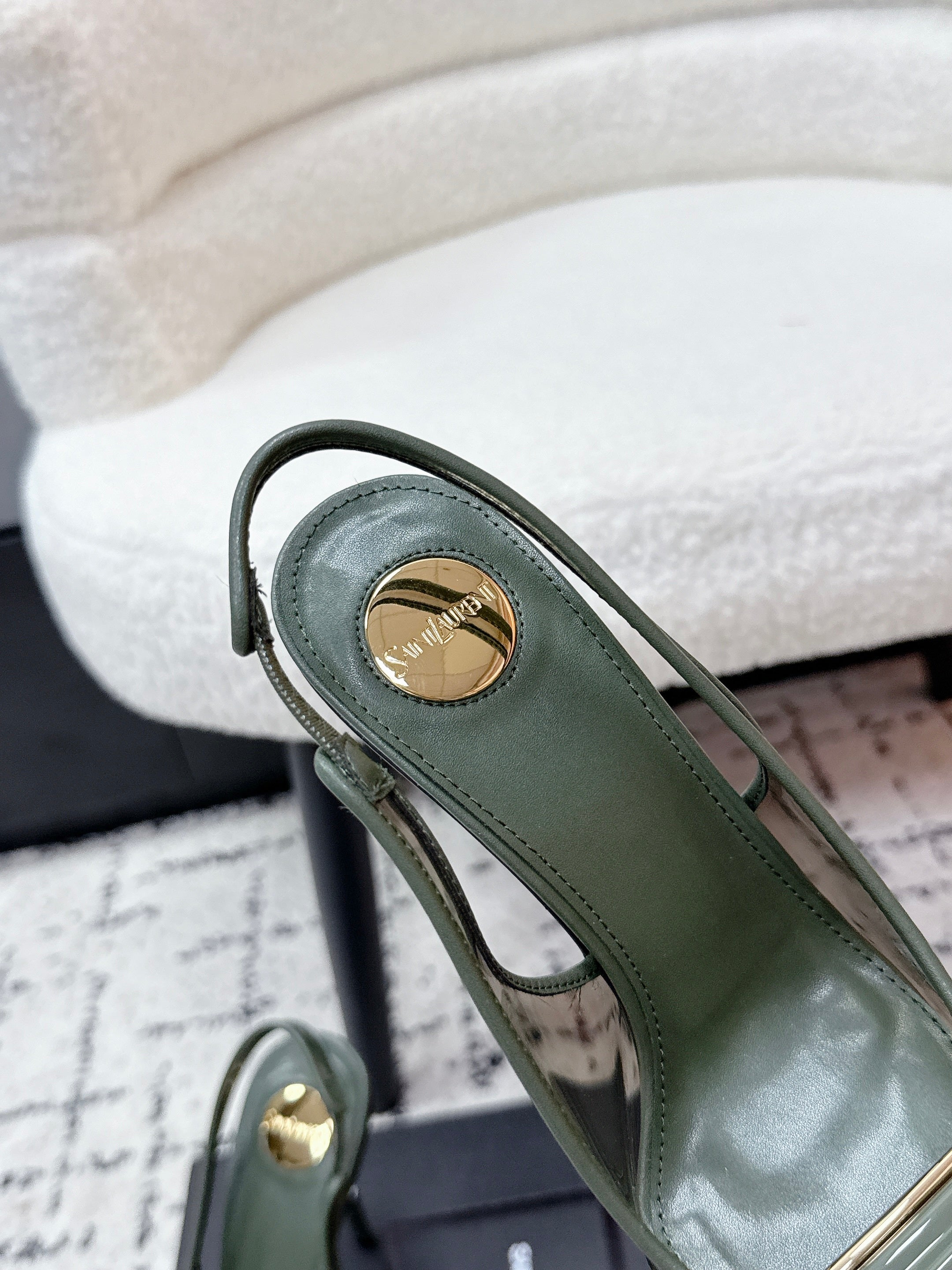 YSL Slingback High-Heeled 10.5 Dark Green in PVC Film 743651
