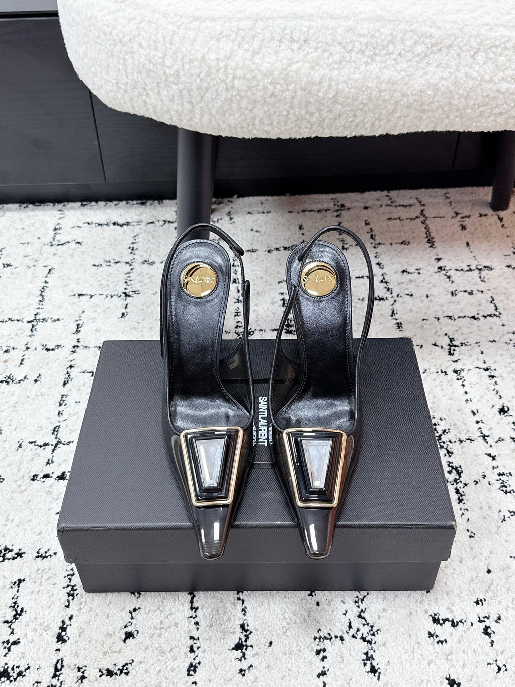 YSL Slingback High-Heeled 10.5 Black in PVC Film 743650