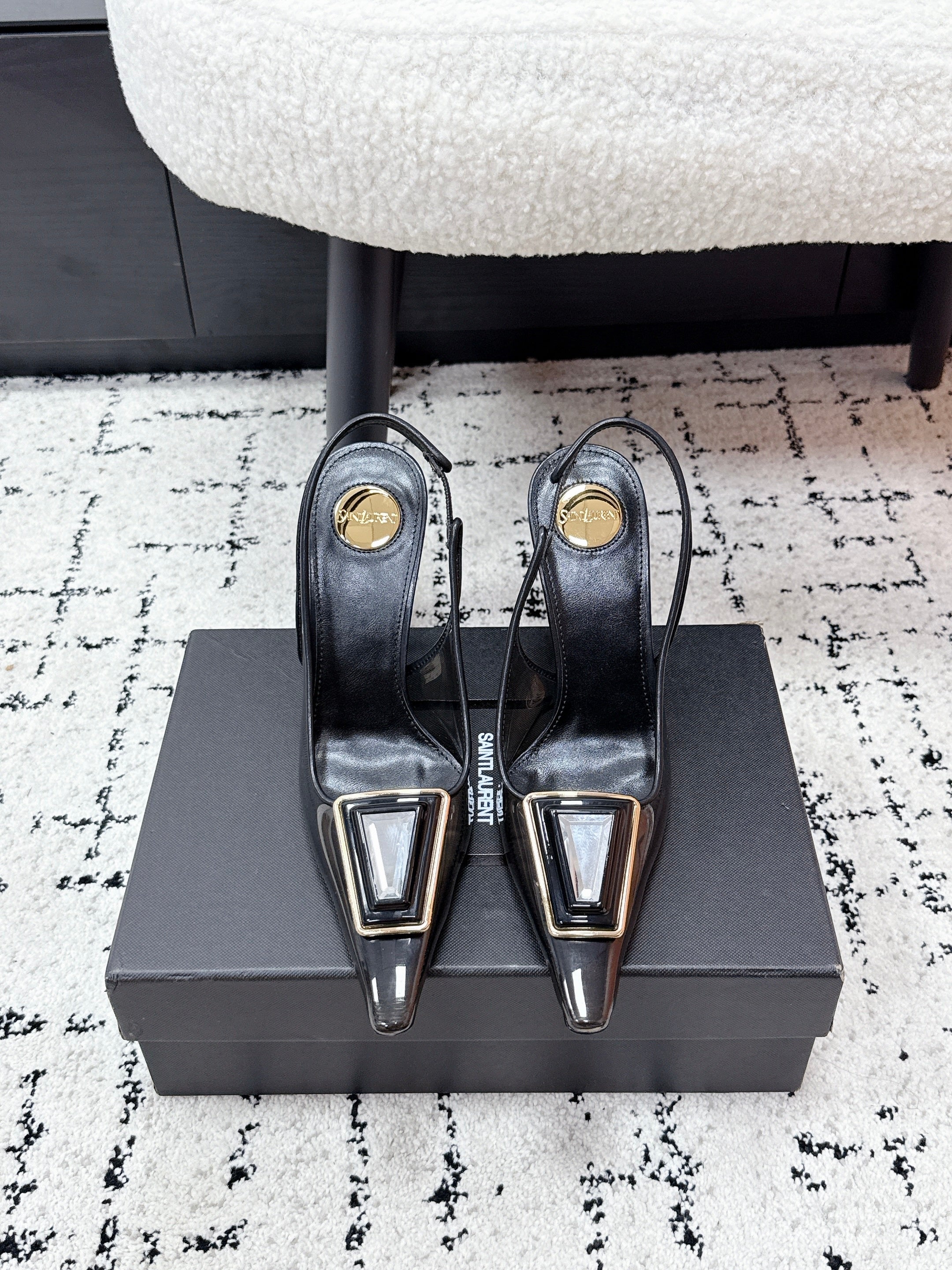 YSL Slingback High-Heeled 10.5 Black in PVC Film 743650