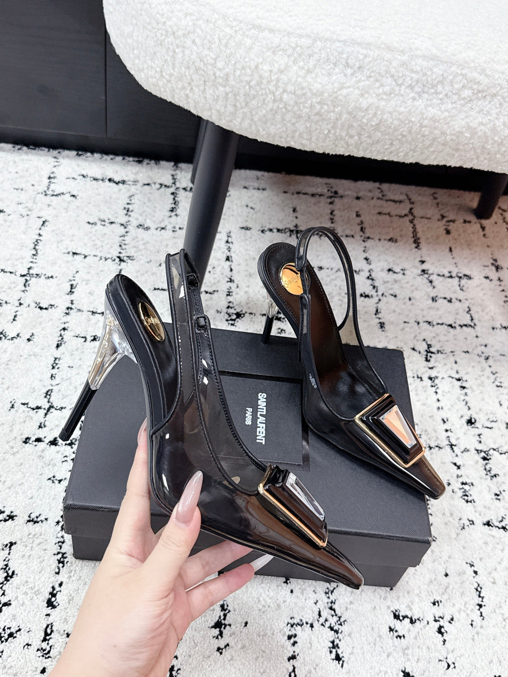YSL Slingback High-Heeled 10.5 Black in PVC Film 743650