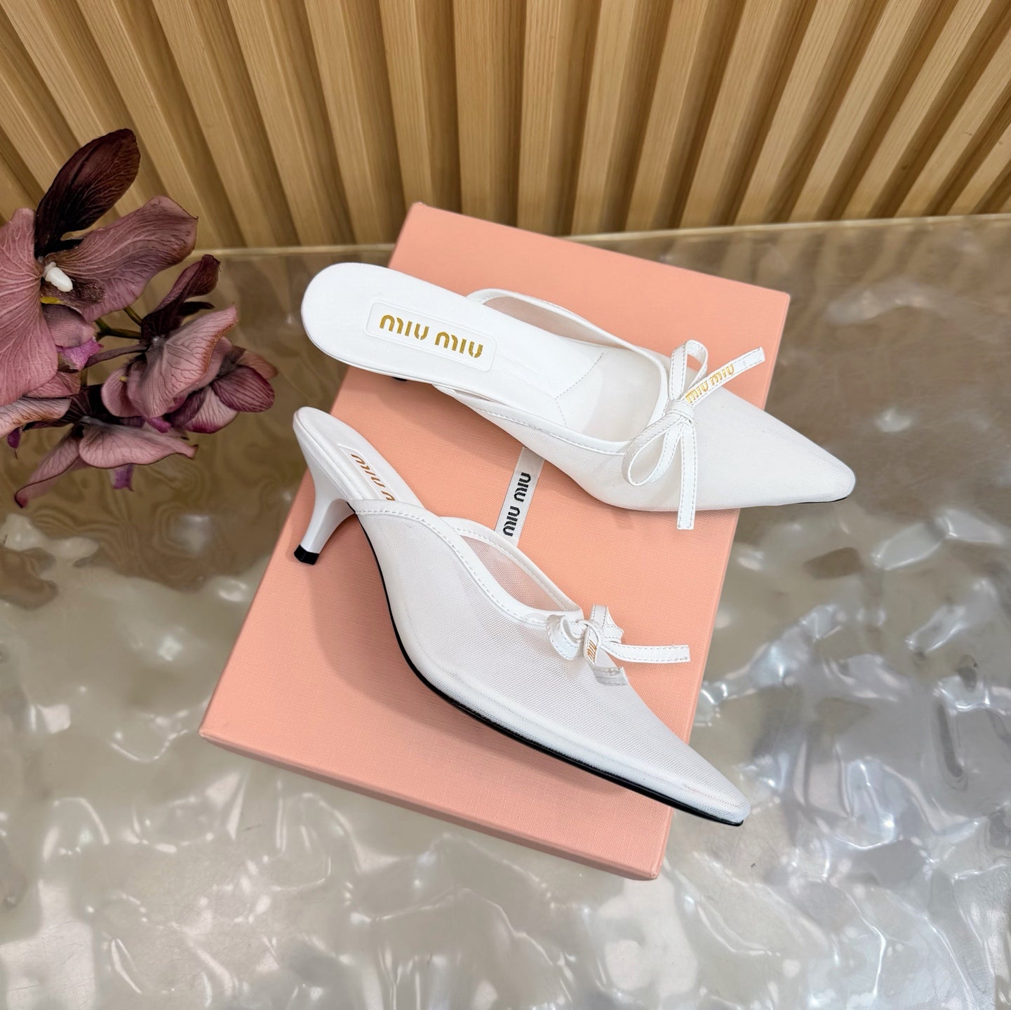Miu Mules Pointed-Toe High Heels 55 White in Mesh 749065