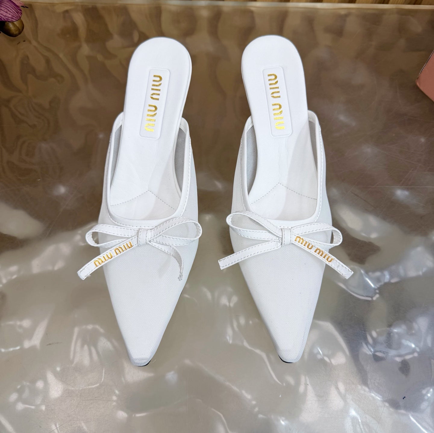 Miu Mules Pointed-Toe High Heels 55 White in Mesh 749065